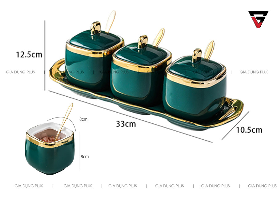 Kích thước bộ sản phẩm, mỗi hủ có dung tích là 330ml | Bộ hủ gia vị sứ đặt bàn viền vàng cao cấp kèm kệ sứ chaobai trên giadungplus