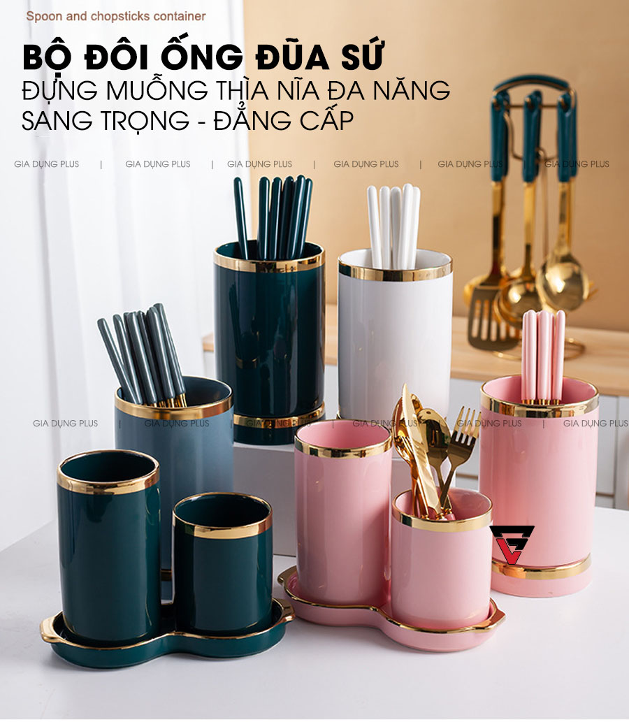 Bộ Đôi Ống Đựng Đũa Bằng Gốm Sứ Đa Năng, Có Khay Hứng Nước Sang Trọng PL-0688