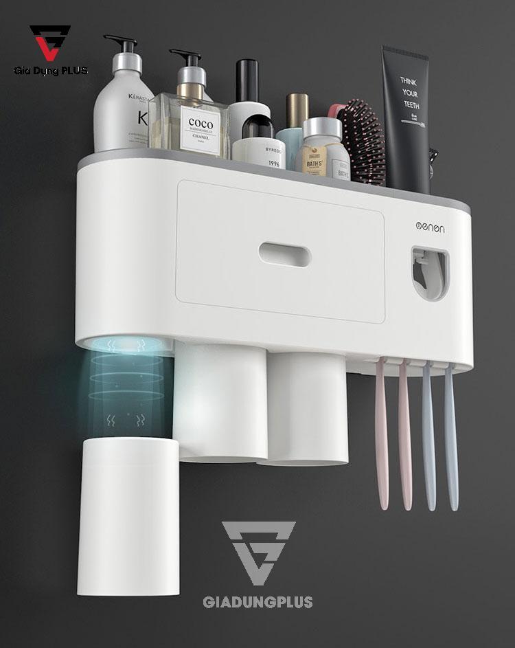 Bộ kệ nhả kem đánh răng tự động kèm cốc dán tường của Ecoco | Treo tường bằng phần nam châm từ tính dưới đáy ly