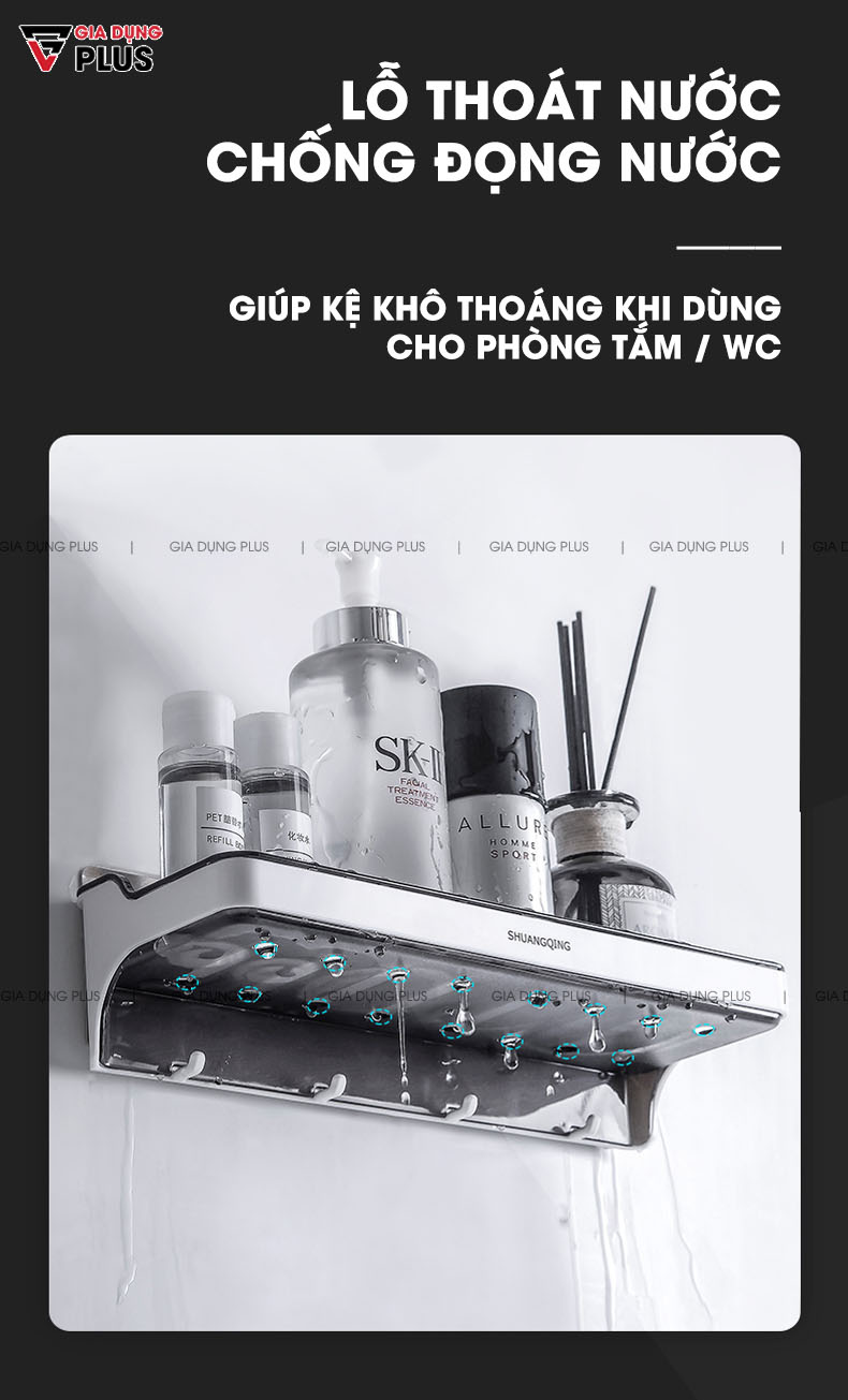 Thiết kế lỗ thoát nước, chống đọng nước, phù hợp với việc sử dụng cho phòng tắm nhà vệ sinh trong thời gian dài | Giá đựng đồ đa năng dán tường SQ-5287