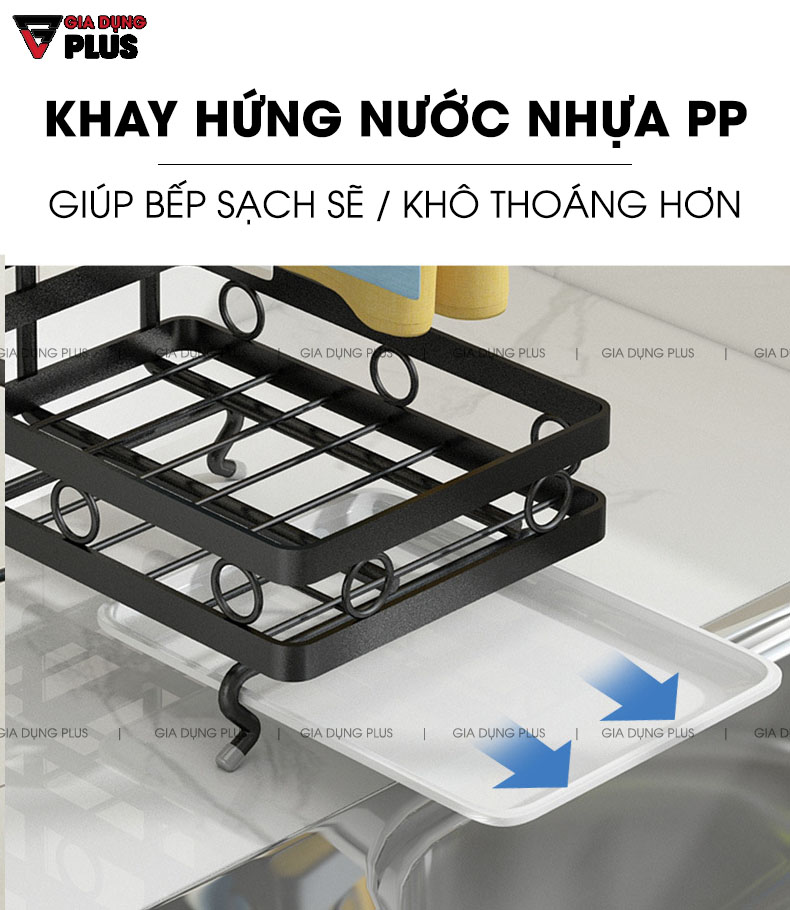 Khay hứng nước bằng nhựa PP, đảm bảo bếp luôn khô thoáng và sạch sẽ | Giỏ đựng bọt biển kèm thanh treo khăn lau bếp đa năng thép carbon Nanjie