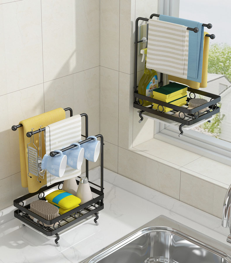 Hai cách lắp đặt mang đến sự linh hoạt, đa năng và giải phóng không gian bếp | Giỏ đựng bọt biển kèm thanh treo khăn lau bếp đa năng thép carbon Nanjie