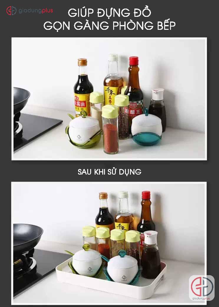 Sử dụng khay nhựa đa năng giúp đựng chai lọ gia vị cho phòng bếp gọn gàng