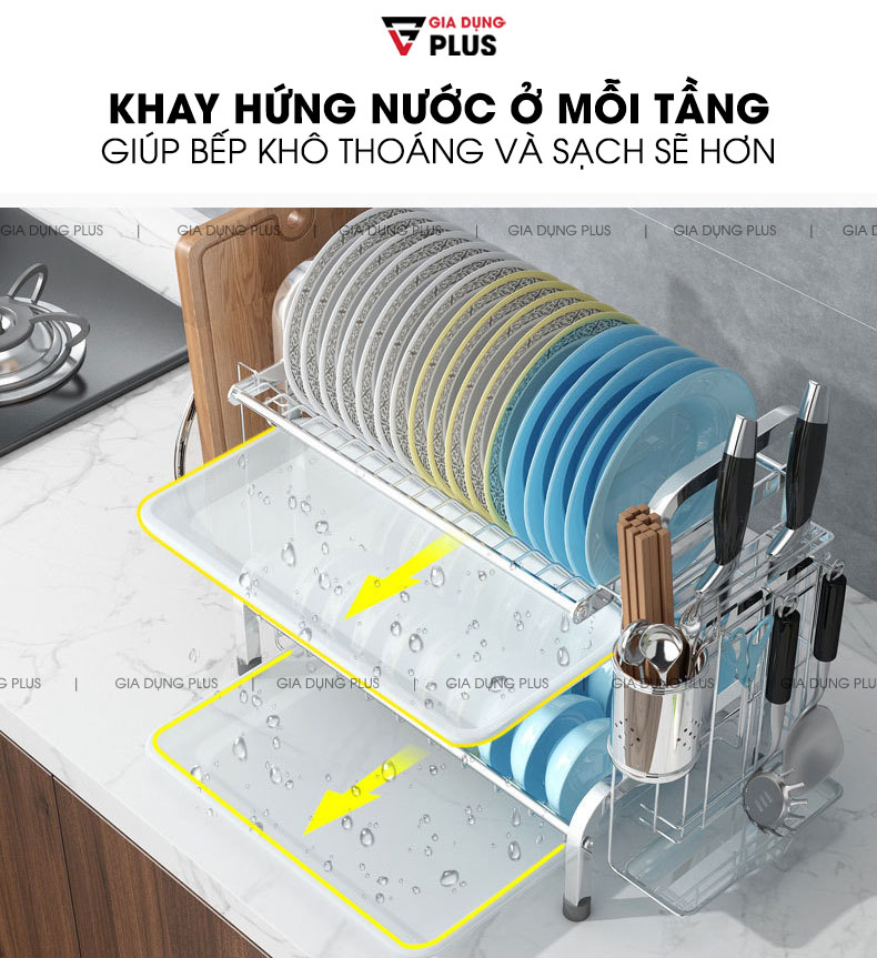 Có khay hứng nước cho mỗi tầng giúp bếp luôn khô thoáng, sạch sẽ, giúp quá trình rửa và úp chén dễ dàng hơn để tủ cao | Kệ úp chén đĩa ráo nước đặt bàn đa năng inox 304 Nanjie