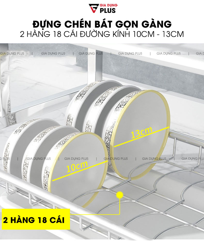 Thiết kế chuyên biệt úp chén bát 2 hàng với 18 chỗ cho các chén với kích thước 10cm - 13cm, riêng bát thì úp ngang thoải mái | Kệ úp chén đĩa ráo nước đặt bàn đa năng inox 304 Nanjie