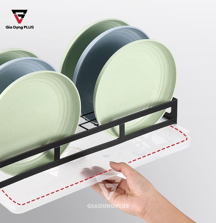 Kệ đựng đĩa inox 304 dán tường, sơn tĩnh điện màu đen | Khay hứng nước bên dưới tiện lợi
