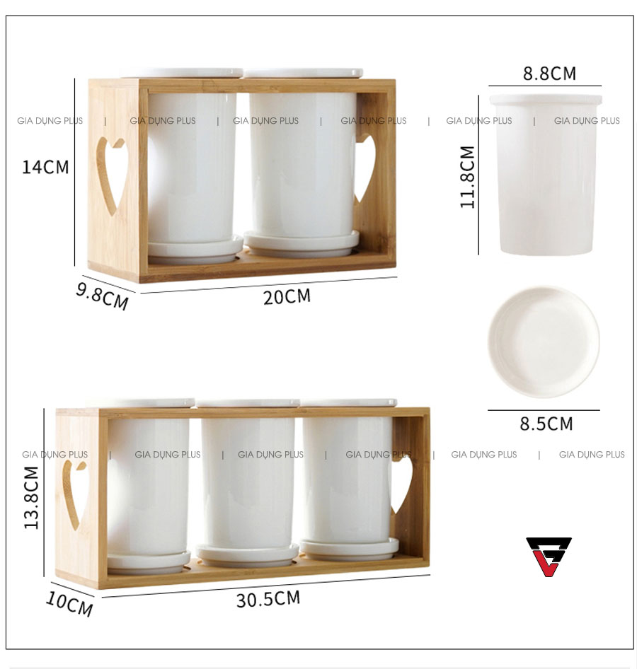Kích thước sản phẩm bộ 2 và bộ 3 | Bộ ống đựng đũa sứ trắng kèm kệ gỗ đa năng đặt bàn, phong cách Nhật Bản PL0686