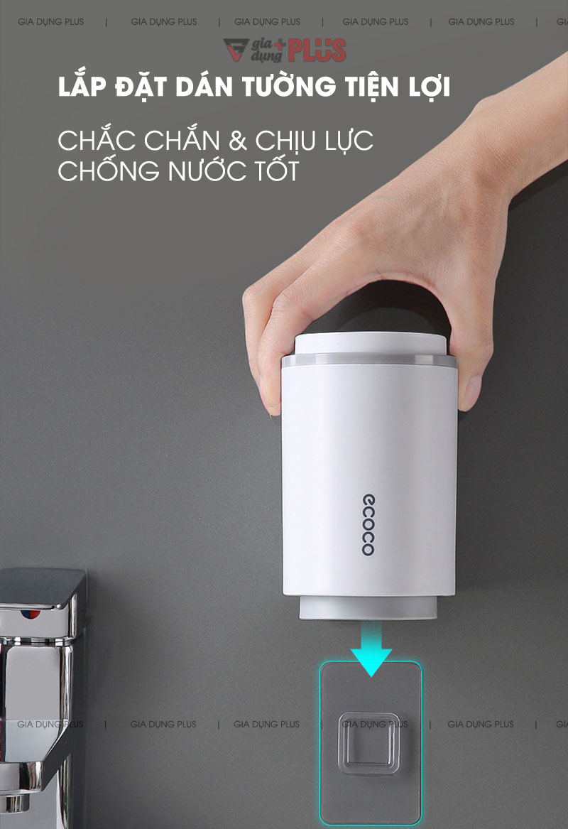 Lắp đặt bằng cách dán tường, không cần khoan tường nhưng vẫn chịu lực & chắc chắn, miếng dán có khả năng chống ẩm và chống nước cực tốt | Bộ 2 cốc súc miệng, đánh răng đa năng dán tường Ecoco