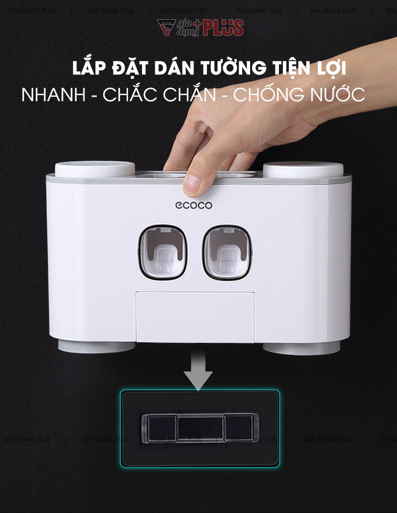 Lắp đặt bằng dán tường nhanh chóng mà không cần khoan tường, miếng dán chắc chắn & chịu lực tốt, chống ẩm và nước để dùng cho phòng tắm | Bộ gồm 2 thiết bị nhả kem tự động kèm 4 cốc súc miệng đa năng Ecoco