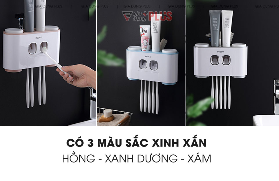 Có cả 3 phiên bản màu sắc: Xám, Xánh Dương & Hồng cho khách hàng lựa chọn | Bộ gồm 2 thiết bị nhả kem tự động kèm 4 cốc súc miệng đa năng Ecoco