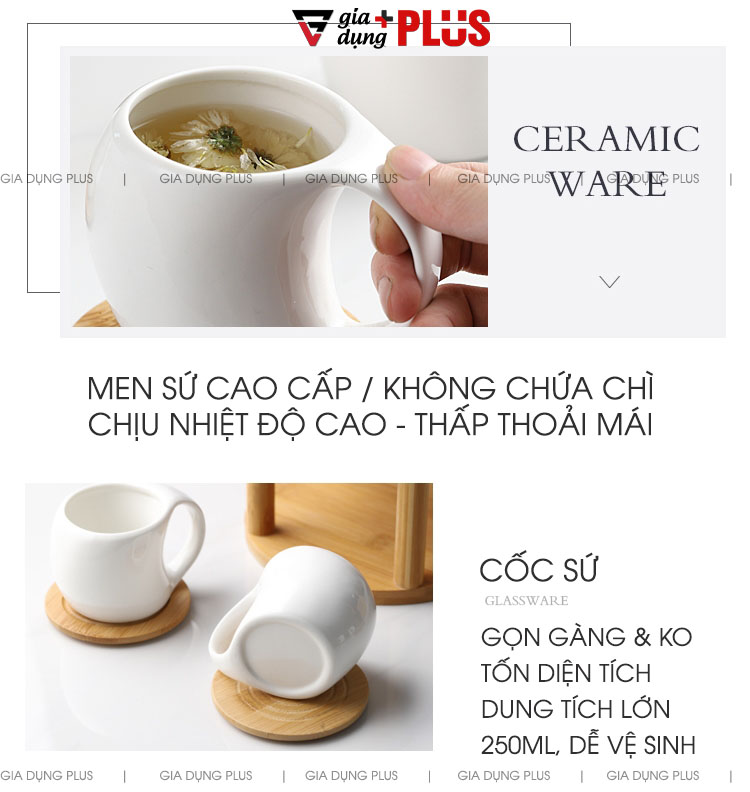 Men gốm sứ tráng mịn chất lượng cao, chịu nhiệt tốt & an toàn cho sức khoẻ | Bộ chum sứ đựng nước 3 lít kèm kệ gỗ tre tự nhiên và cốc sứ cao cấp