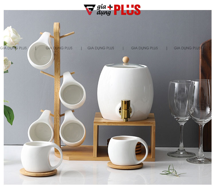 Cùng chiêm ngưỡng lại bộ chum & các thành phần của set sản phẩm | Bộ chum sứ đựng nước 3 lít kèm kệ gỗ tre tự nhiên và cốc sứ cao cấp