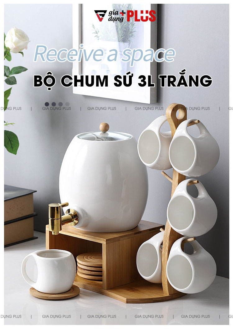 Bộ Chum Đựng Nước Sứ Có Vòi 3 Lít Kèm Kệ Gỗ & 6 Cốc Sứ Màu Trắng Cao Cấp