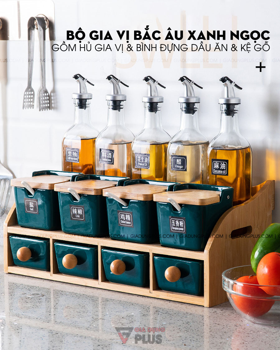 Bộ đựng gia vị & dầu ăn theo phong cách Bắc Âu xanh ngọc | Hủ gia vị bằng sứ, chai đựng dầu ăn thuỷ tinh & kệ gỗ - sự kết hợp hoàn hảo