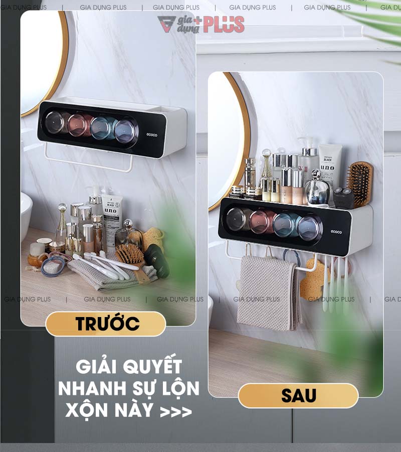 Với 1 sản phẩm giúp bạn giải quyết mớ lộn xộn trong phòng tắm & nhà vệ sinh ngay | Bộ kệ để bàn chải đánh răng, đựng đồ đa năng kèm cốc súc miệng Ecoco mẫu mới