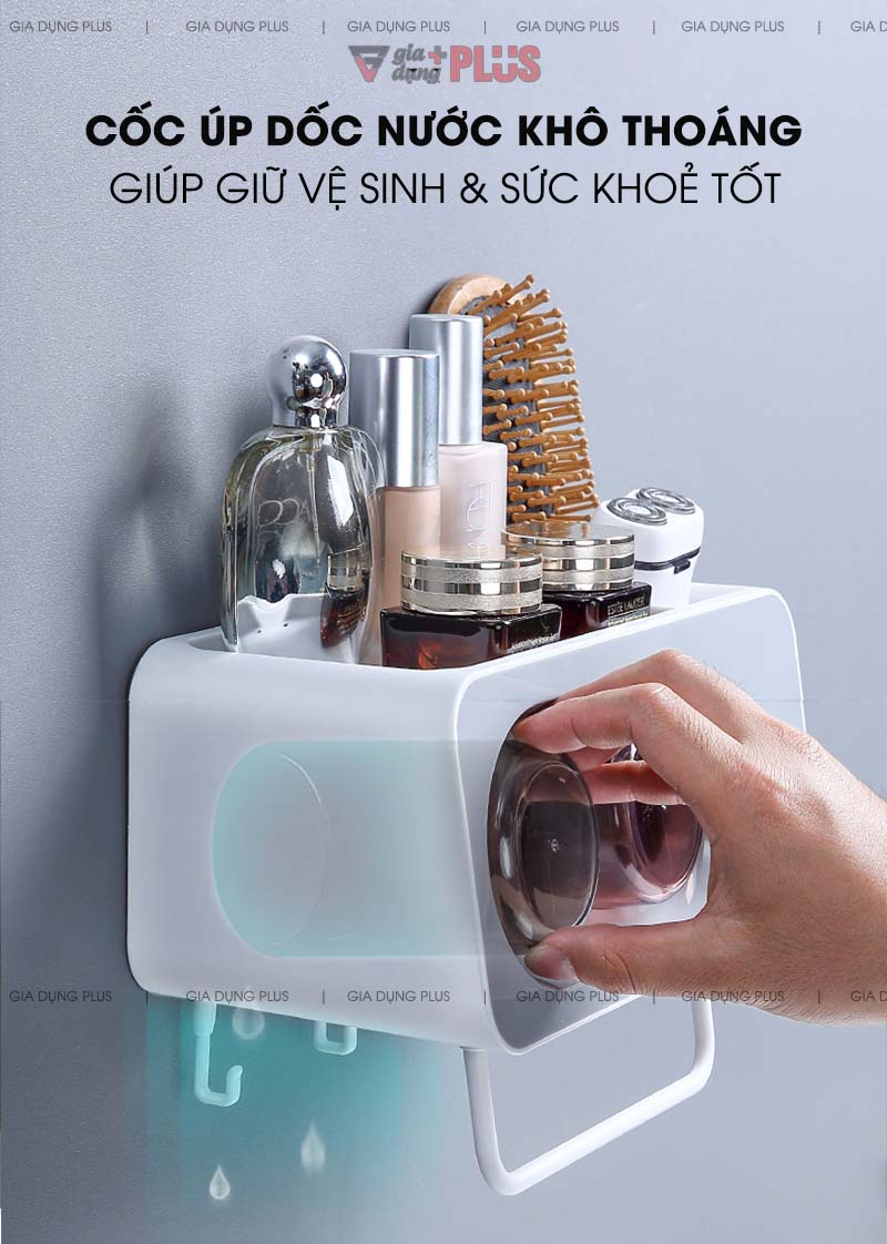 Cốc được úp dốc nước giúp cốc luôn khô thoáng - đảm bảo sạch sẽ và vệ sinh, an toàn cho sức khoẻ người sử dụng| Bộ kệ để bàn chải đánh răng, đựng đồ đa năng kèm cốc súc miệng Ecoco mẫu mới