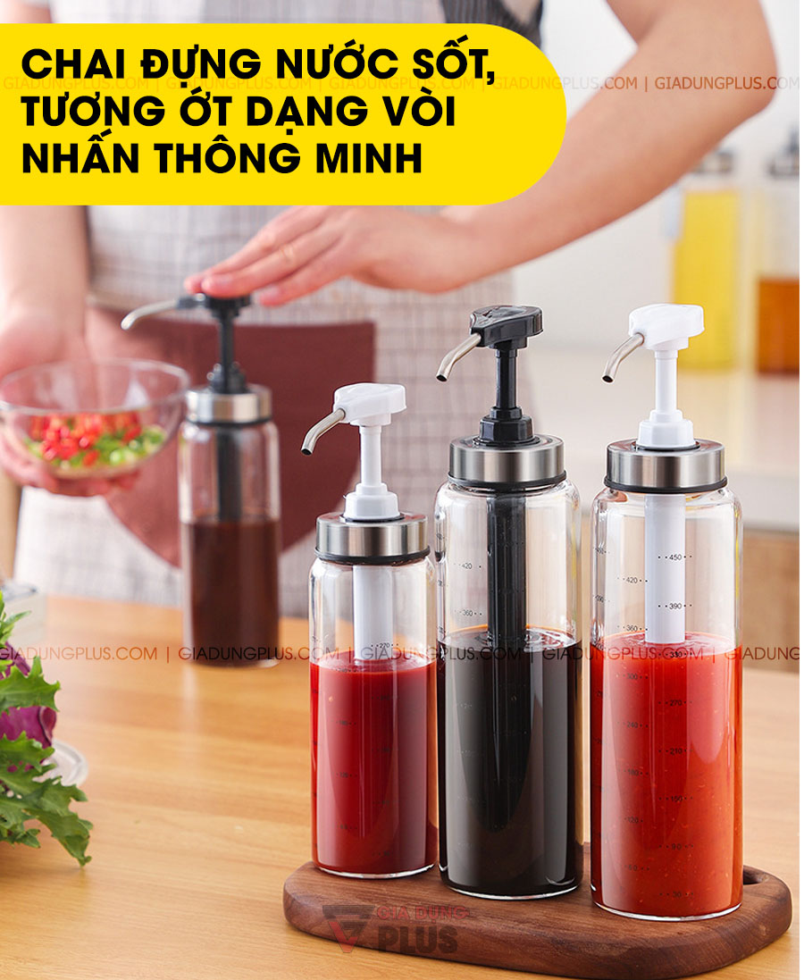 Chai thuỷ tinh đựng nước sốt, tương ớt có vòi nhấn thông minh Kuake | Thiết kế thông minh và sang trọng, được nhiều người yêu thích