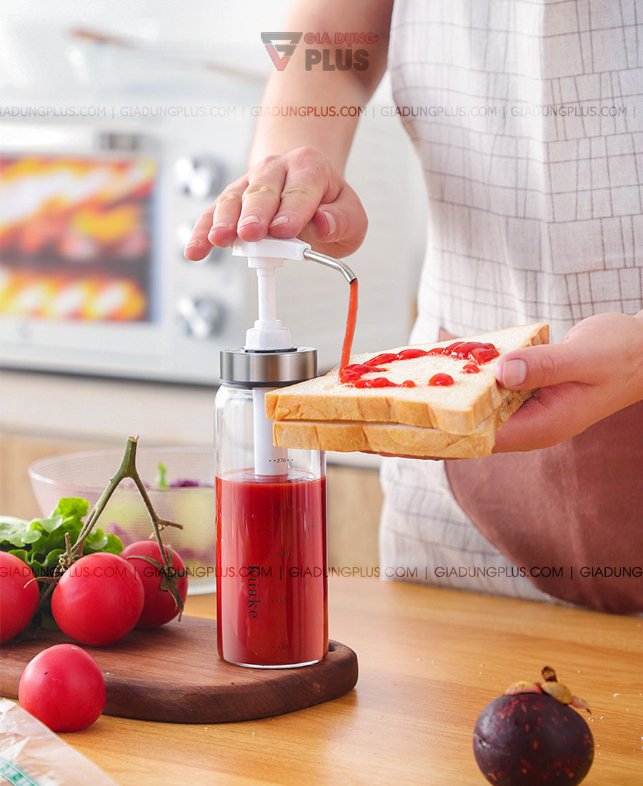 Chai thuỷ tinh đựng nước sốt, tương ớt có vòi nhấn thông minh Kuake | Dễ dàng sử dụng khi cần lấy, sạch sẽ không cần tốn công mở nắp
