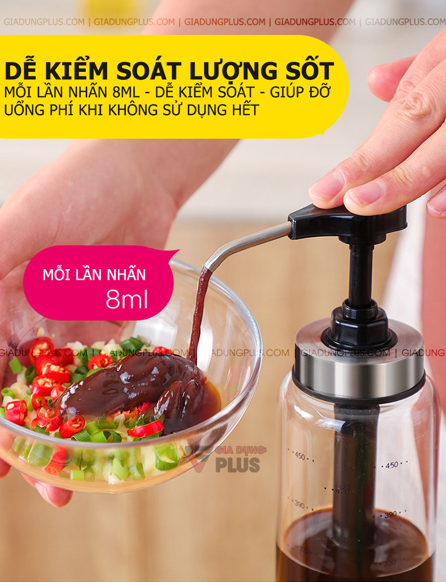 Chai thuỷ tinh đựng nước sốt, tương ớt có vòi nhấn thông minh Kuake | Mỗi lần nhấn 8ml, giúp kiểm soát lượng sốt sử dụng dễ dàng, tránh lãng phí