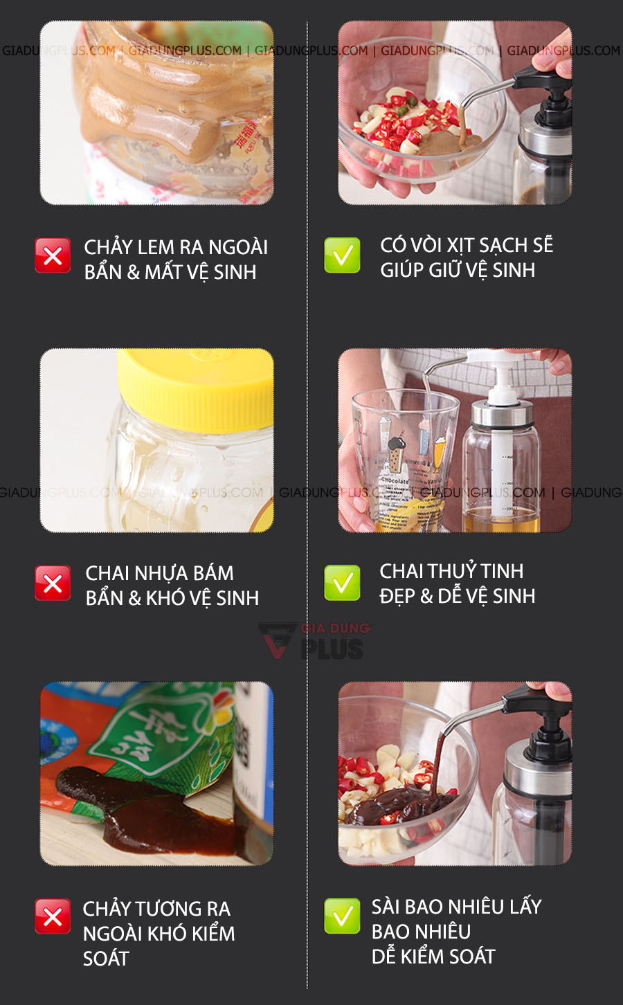 Chai thuỷ tinh đựng nước sốt, tương ớt có vòi nhấn thông minh Kuake | Các ưu điểm khi dùng chai so với phương pháp lưu trữ khác