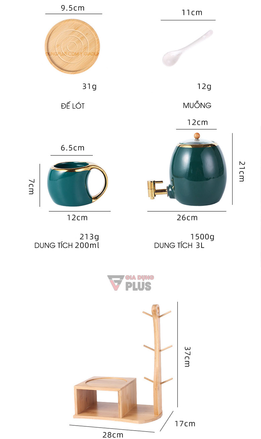 Bộ chum đựng nước & rượu sứ màu xanh ngọc lục bảo Bắc Âu | Kích thước và cân năng các thành phần trong bộ chum sứ