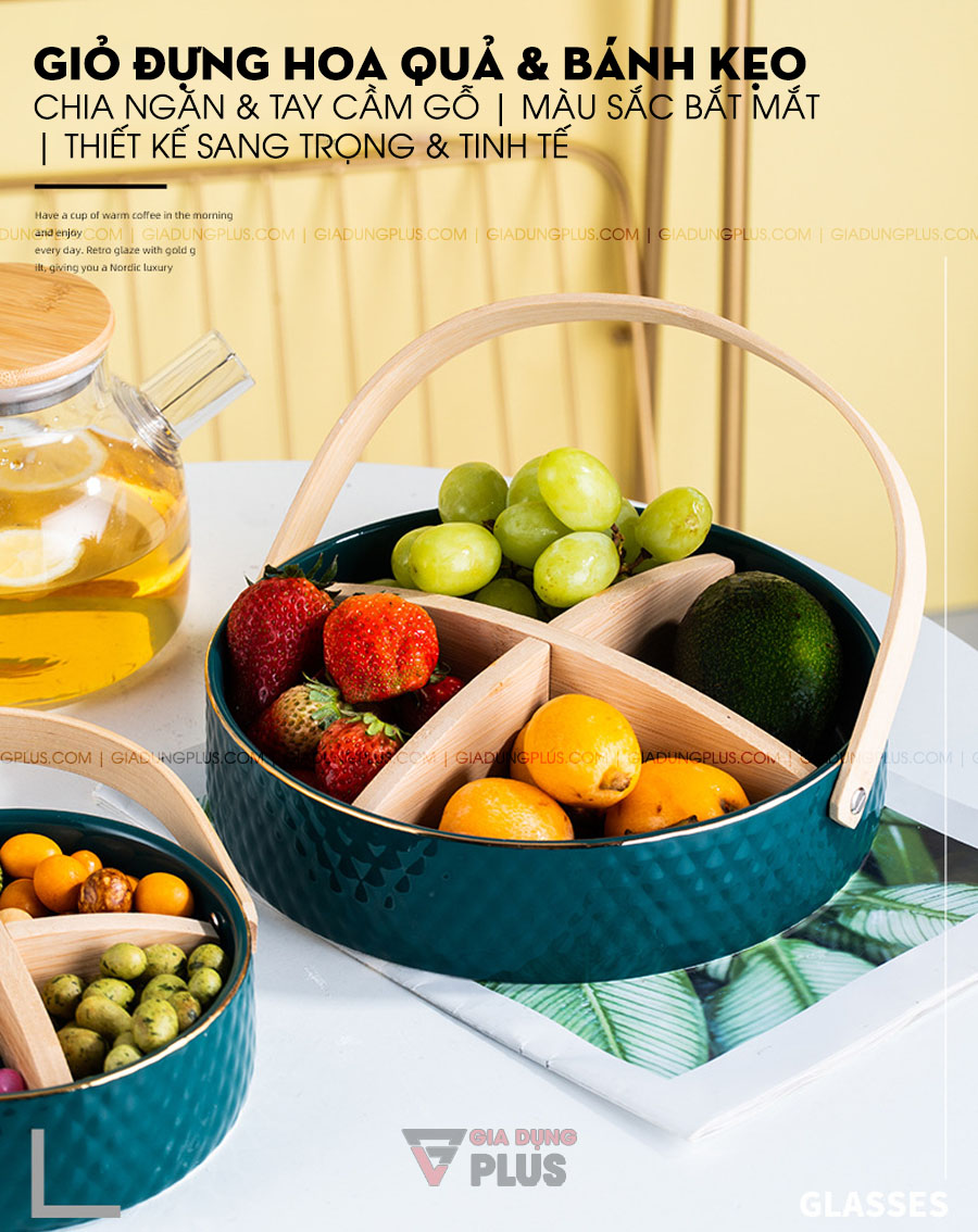 Giỏ sứ đựng trái cây, bánh kẹo đa năng kèm chia ngăn & tay cầm gỗ | Thiết kế sang trọng và tinh tế, giúp bày biện món ăn trở nên tinh tế và sang chảnh hơn