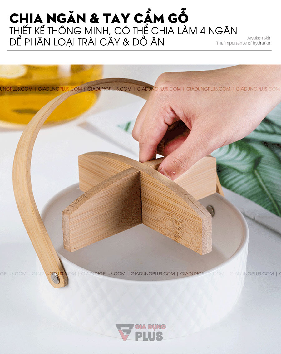 Giỏ sứ đựng trái cây, bánh kẹo đa năng kèm chia ngăn & tay cầm gỗ | Chia ngăn & tay cầm gỗ giúp phân loại trái cây và đồ ăn dễ dàng, gọn gàng