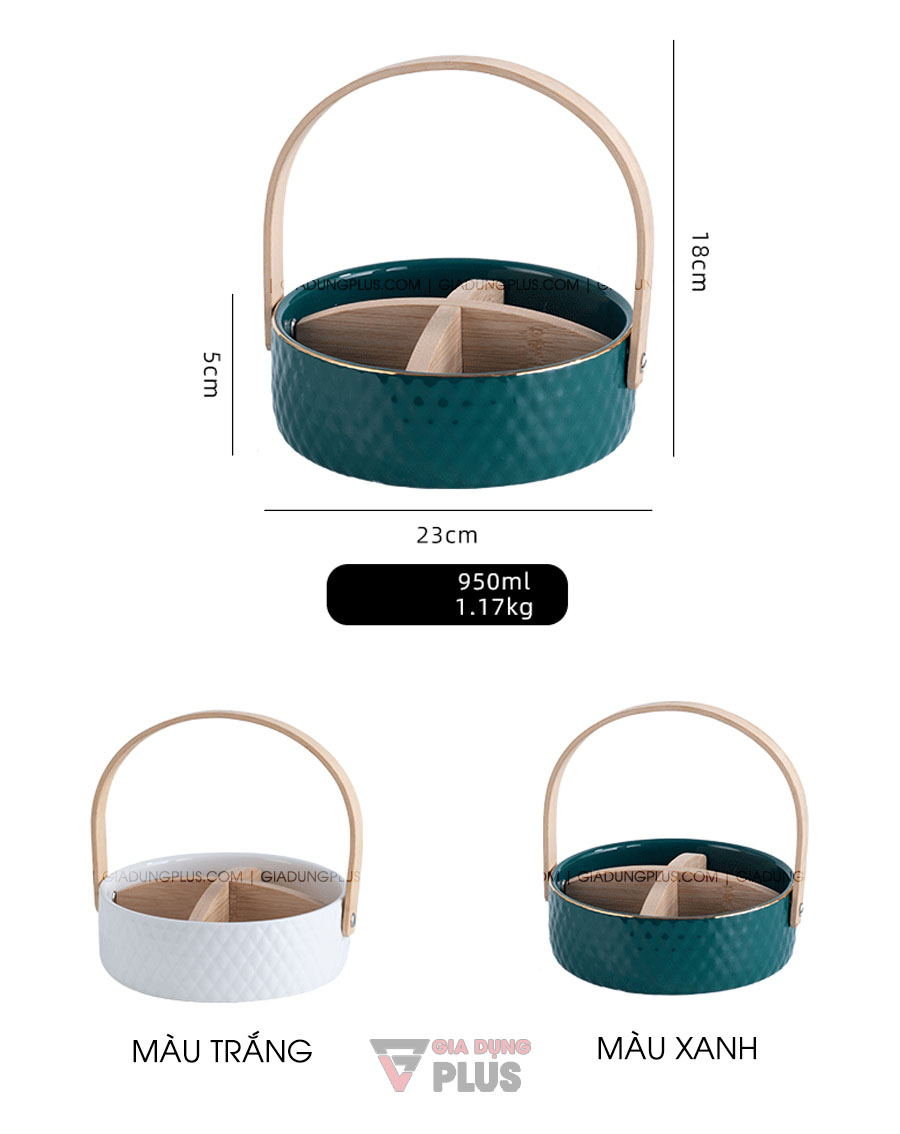 Giỏ sứ đựng trái cây, bánh kẹo đa năng kèm chia ngăn & tay cầm gỗ | Kích thước lớn với 2 màu sắc xanh ngọc và trắng dễ chọn lựa