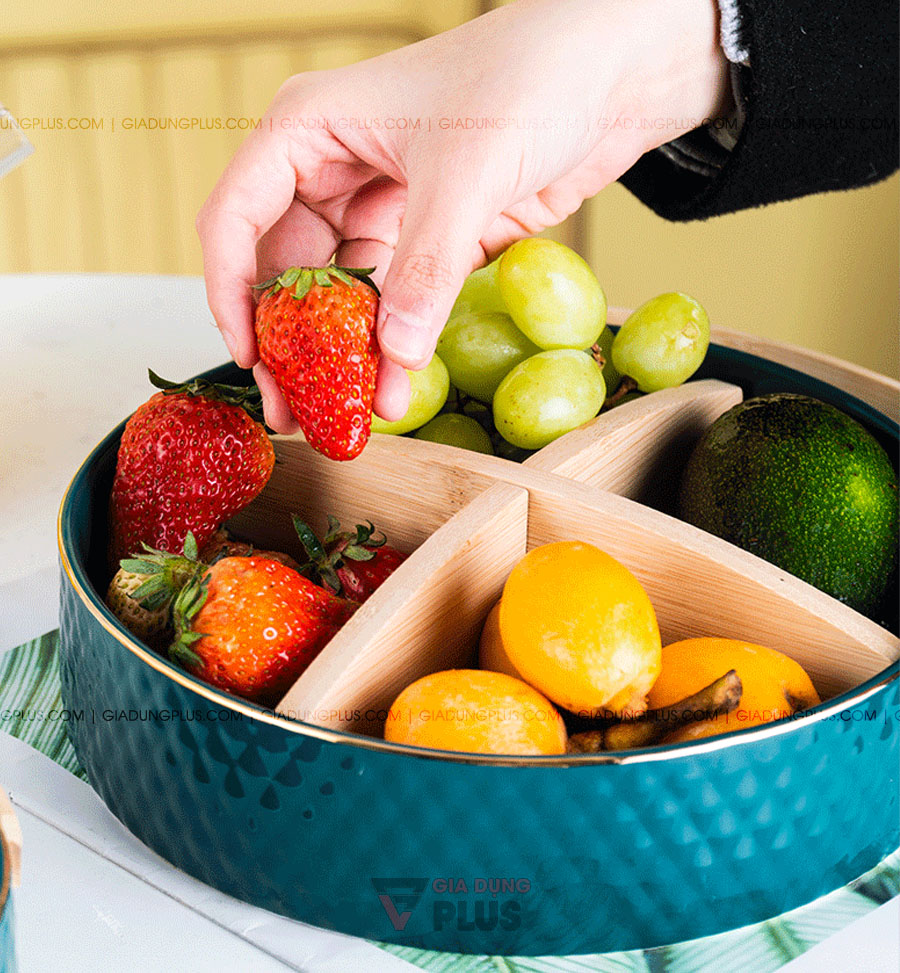 Giỏ sứ đựng trái cây, bánh kẹo đa năng kèm chia ngăn & tay cầm gỗ | Màu xanh ngọc lục bảo luôn bắt mắt và mang đến sự sang trọng cho không gian
