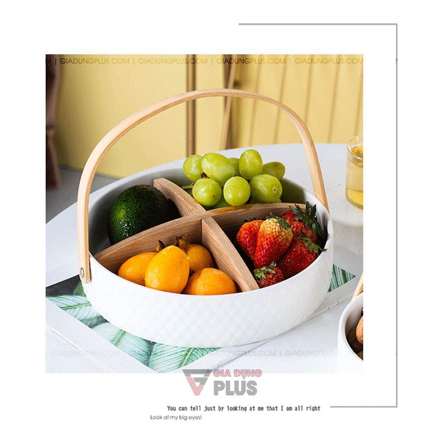Giỏ sứ đựng trái cây, bánh kẹo đa năng kèm chia ngăn & tay cầm gỗ | Màu trắng tinh tế và đơn giản, tạo điểm nhấn cho không gian sử dụng