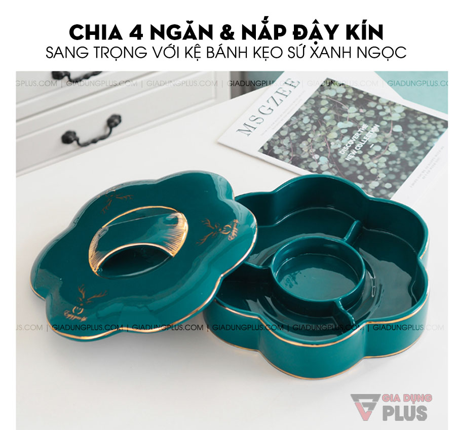 Hộp đựng kẹo mứt sứ bông hoa, màu xanh ngọc lục bảo sang trọng | Được chia làm 4 ngăn, 3 ngăn tam giác và 1 ngăn tròn ở giữa