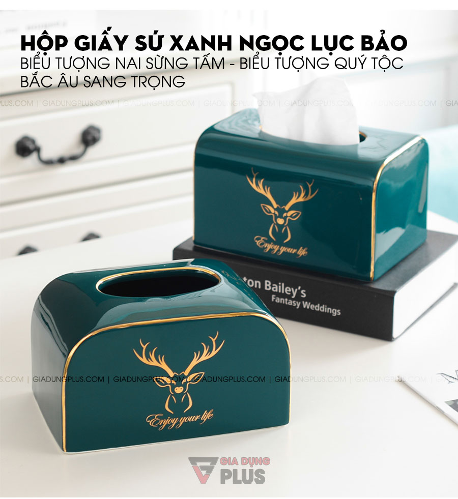 Hộp đựng giấy đặt bàn sứ xanh ngọc phong cách Bắc Âu | Trang trí biểu tương nai sừng tấm, biểu tượng của quý tộc châu Âu sang trọng