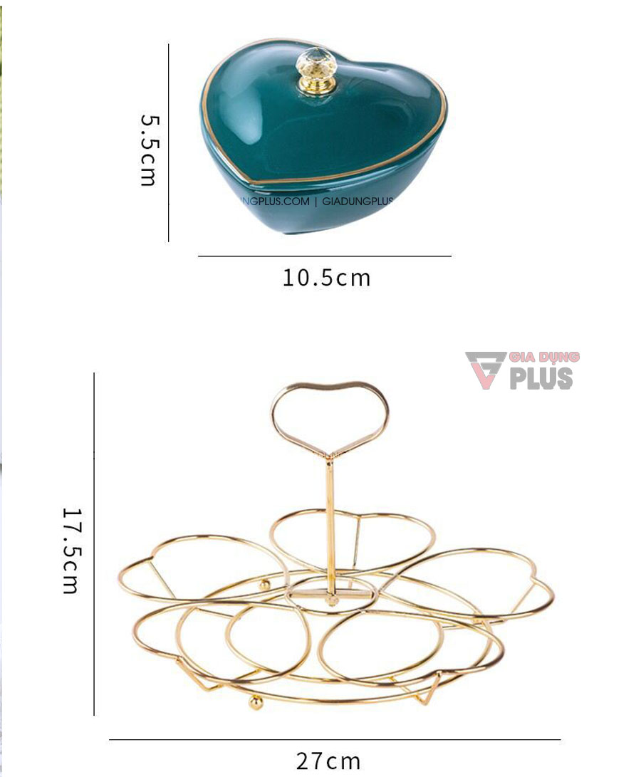 Bộ hộp đựng kẹo mứt bằng sứ gốm xanh ngọc, hình trái tim 5 cánh | Kích thước sản phẩm