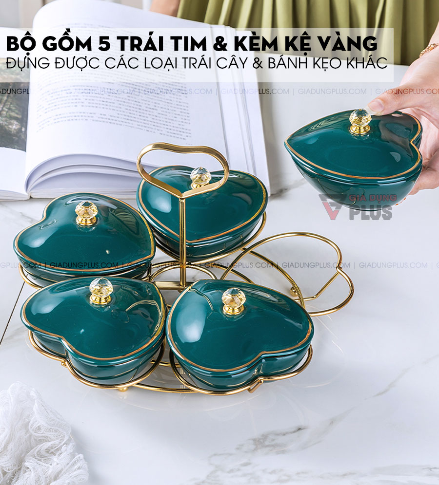 Bộ hộp đựng kẹo mứt bằng sứ gốm xanh ngọc, hình trái tim 5 cánh | Bộ gồm 5 hộp đựng trái tim có nắp đậy & khung thép mạ vàng chắc chắn