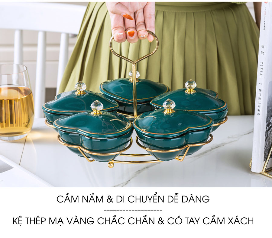 Bộ hộp đựng kẹo mứt bằng sứ gốm xanh ngọc, hình trái tim 5 cánh | Kệ thép chắc chắn, có tay cầm để dễ di chuyển trong quá trình sử dụng