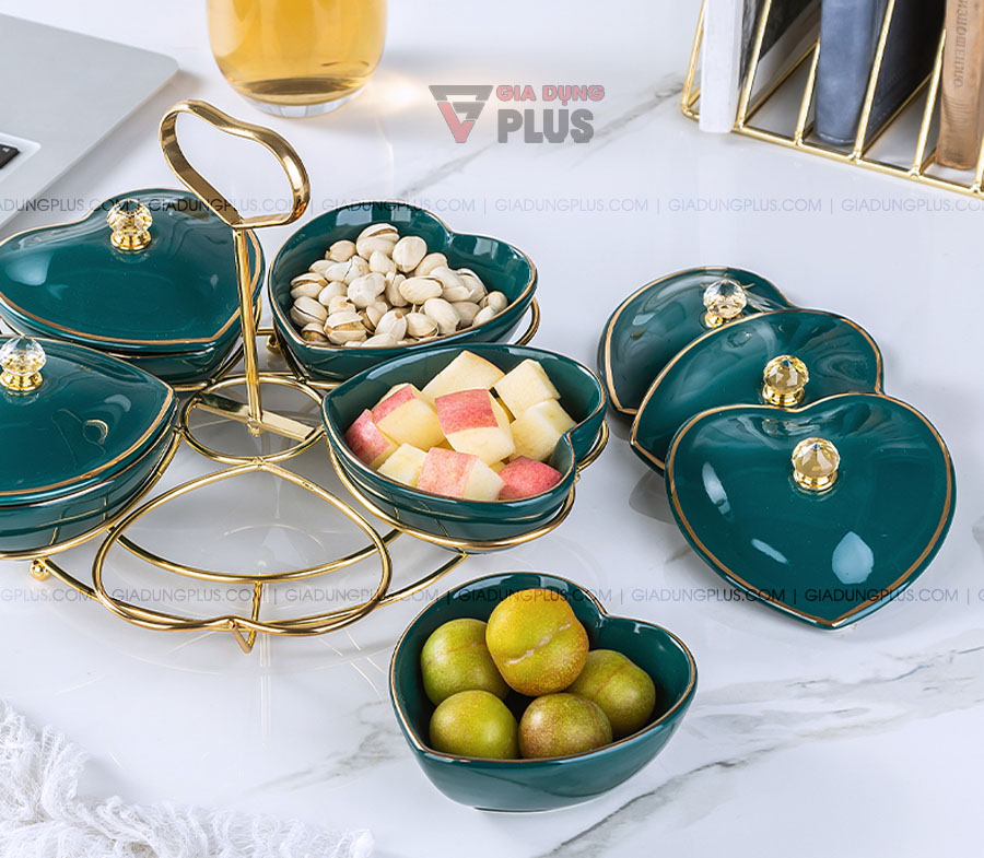 Bộ hộp đựng kẹo mứt bằng sứ gốm xanh ngọc, hình trái tim 5 cánh | Tách rời từng hủ, giúp linh hoạt trong việc phân loại món ăn trừng bày
