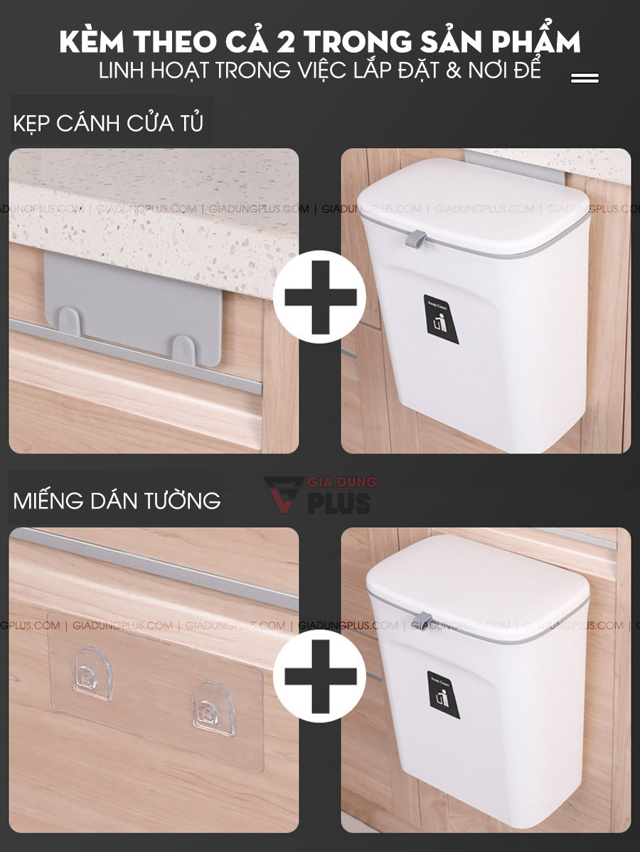 Thùng rác kẹp cánh tủ có nắp trượt đậy kín thông minh | Treo cánh cửa tủ hoặc dán tường bằng miếng dán tiện lợi và chắc chắn