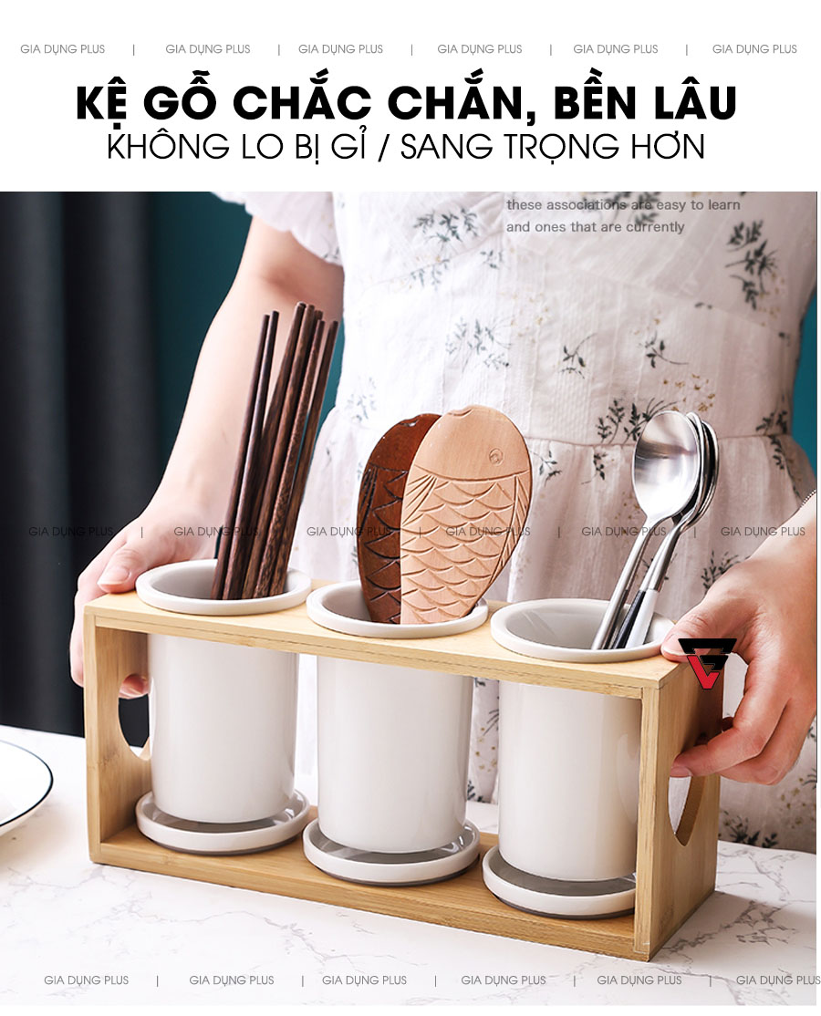 Kệ gỗ chắc chắn, không lo bị gỉ & rất sang trọng | Bộ ống đựng đũa sứ trắng kèm kệ gỗ đa năng đặt bàn, phong cách Nhật Bản PL0686