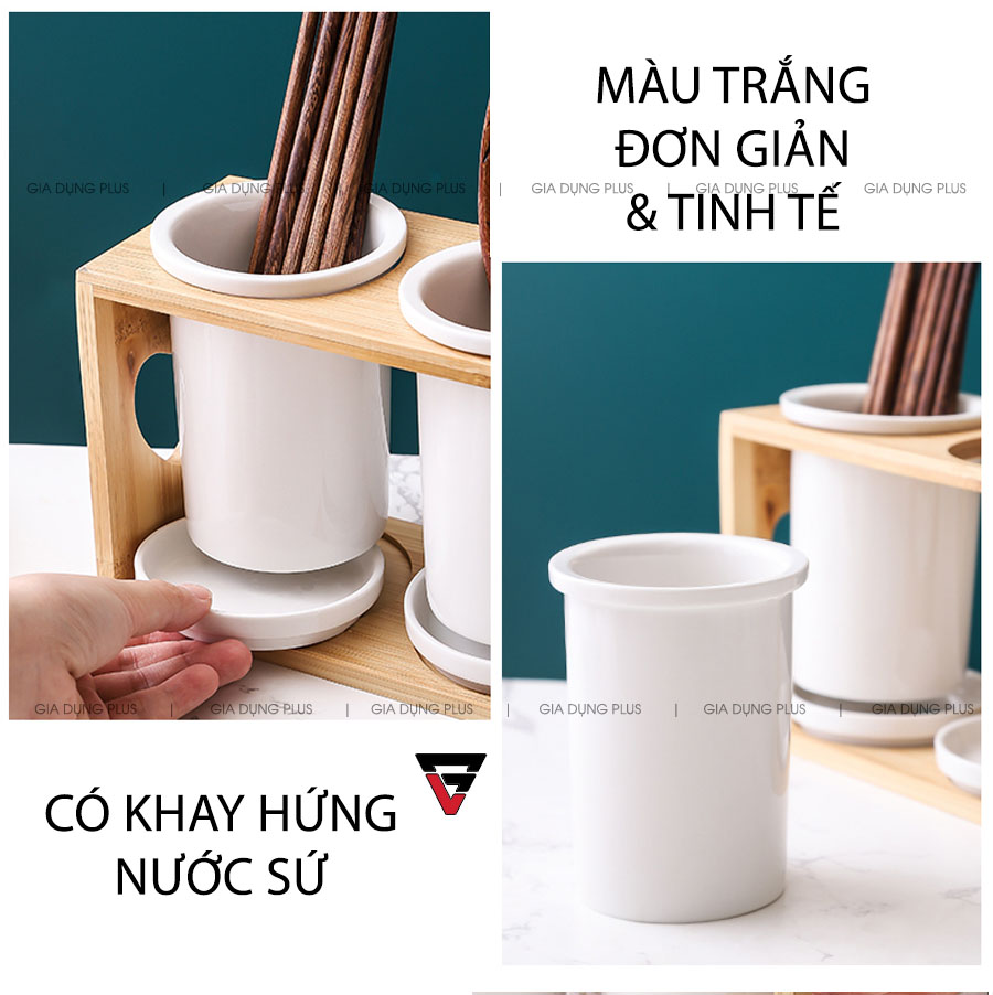 Có khay hứng nước sứ, chống nước chảy ra sàn, giúp bếp thêm sạch sẽ | Bộ ống đựng đũa sứ trắng kèm kệ gỗ đa năng đặt bàn, phong cách Nhật Bản PL0686