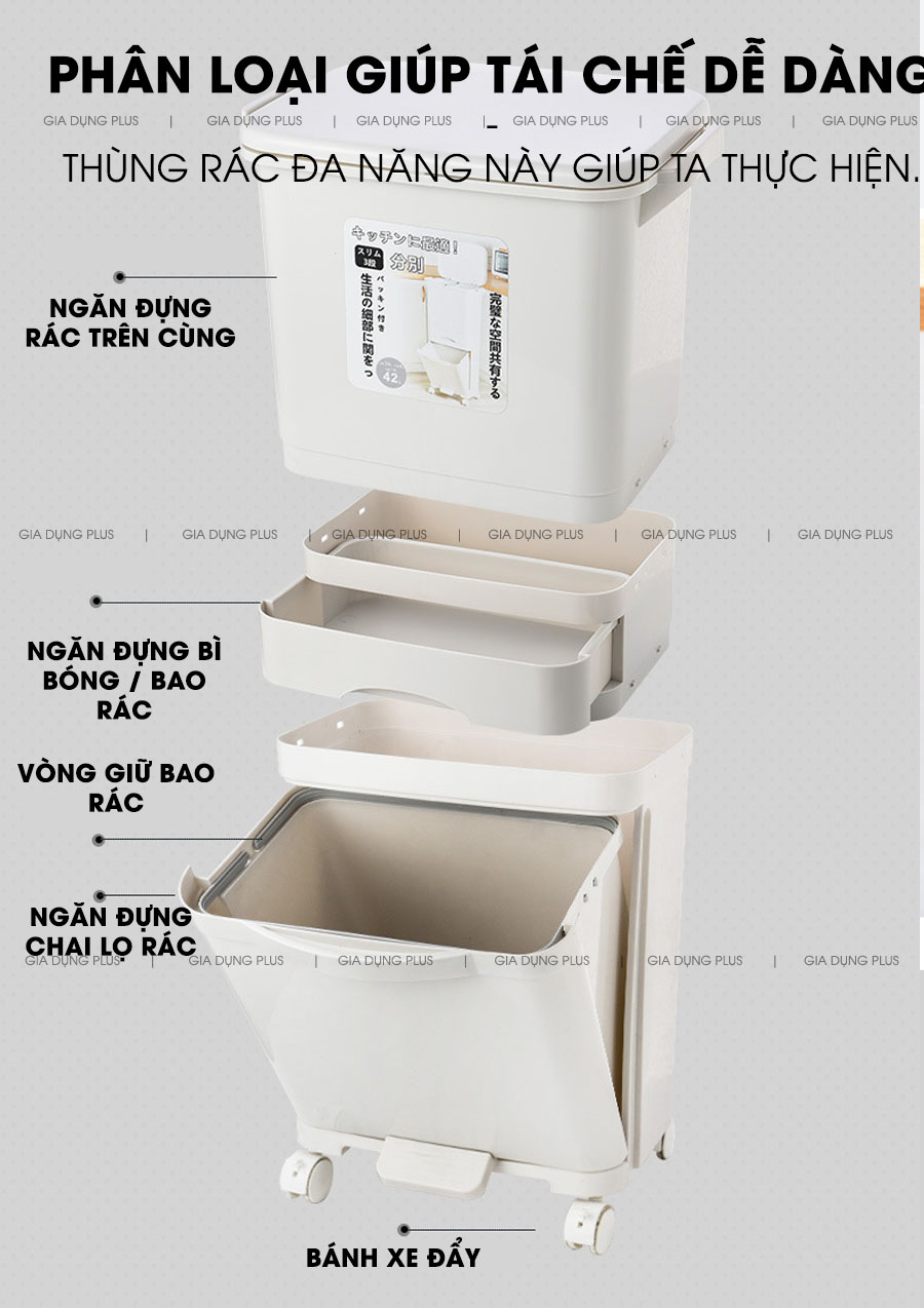 Cấu trúc và thiết kế các thành phần của sản phẩm | Thùng rác 3 tầng xuất Nhật nhựa ABS cao cấp thông minh