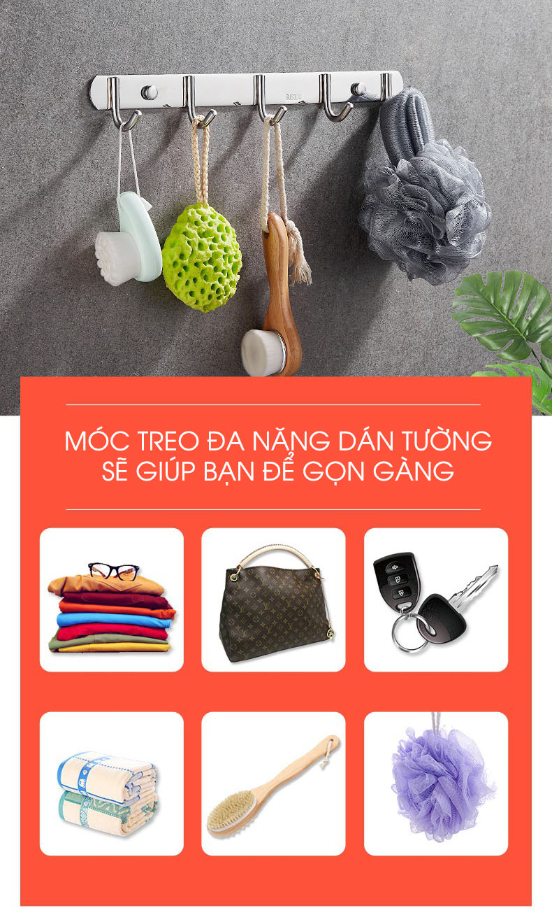 Móc Treo Quần Áo Đa Năng Bằng INOX Cao Cấp, Dán Tường Moyang | Giúp nhà cửa gọn gàng, móc đồ đa năng