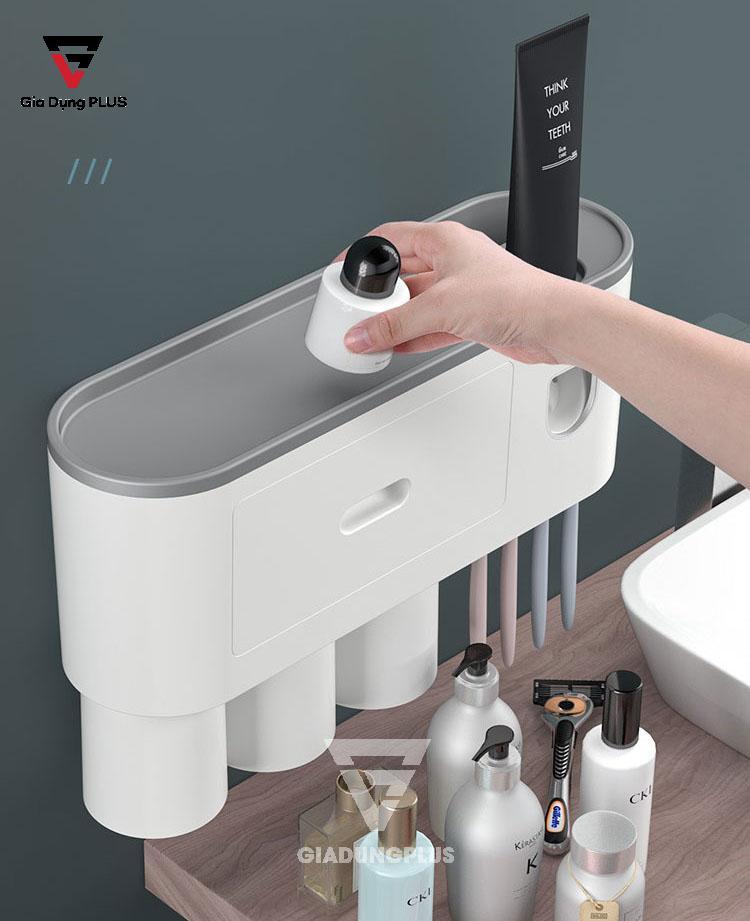 Bộ kệ đựng bàn chải đánh răng, lấy kem đánh răng tự động kèm theo cốc của Ecoco | Kệ đựng đồ dán tường đa năng
