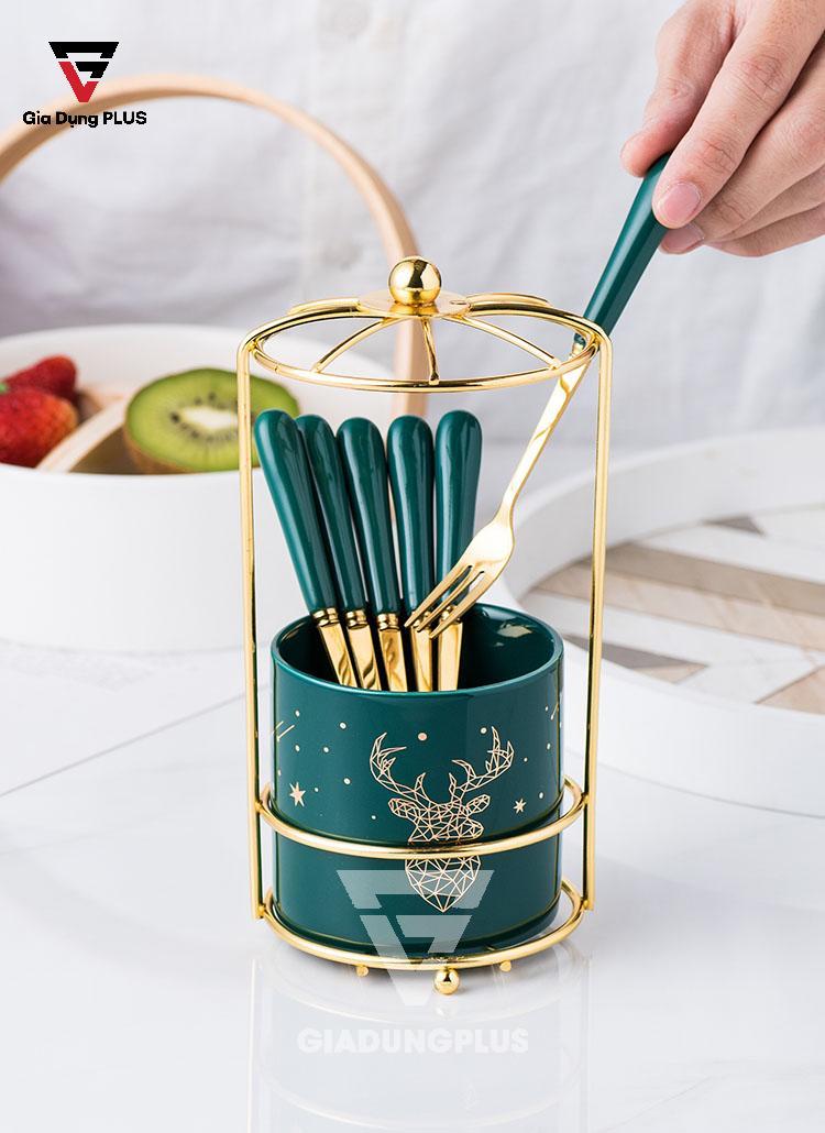 Bộ Ống Đựng Nĩa, Muỗng Bằng Sứ + 6 Nĩa Inox 304 Màu Xanh Lưu Ly QianHuiju | Đẹp và tinh tế mọi góc độ