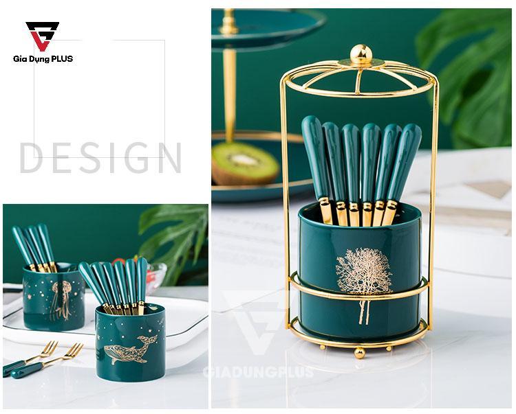 Bộ Ống Đựng Nĩa, Muỗng Bằng Sứ + 6 Nĩa Inox 304 Màu Xanh Lưu Ly QianHuiju | Thiết kế cao cấp và sang trọng