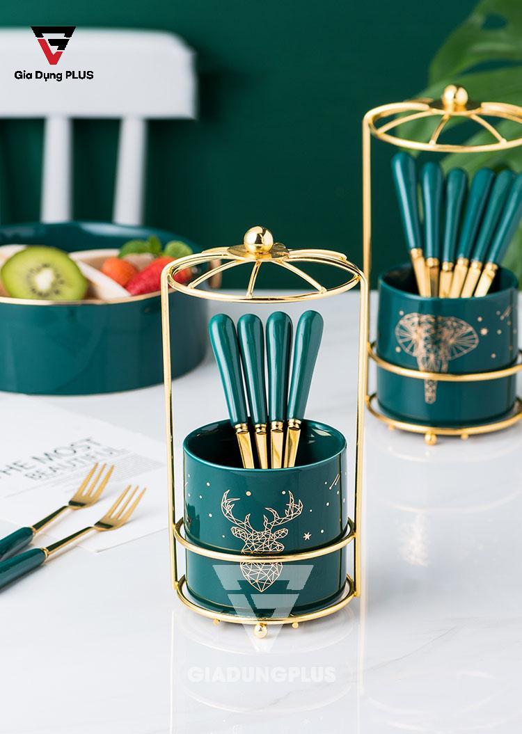 Bộ Ống Đựng Nĩa, Muỗng Bằng Sứ + 6 Nĩa Inox 304 Màu Xanh Lưu Ly QianHuiju