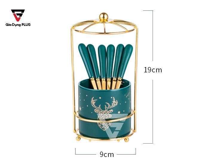 Bộ Ống Đựng Nĩa, Muỗng Bằng Sứ + 6 Nĩa Inox 304 Màu Xanh Lưu Ly QianHuiju | Kích thước phần khung bao bên ngoài