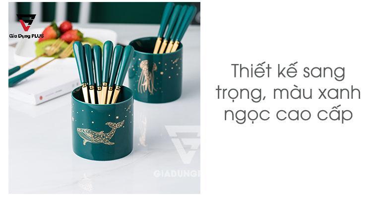 Bộ Ống Đựng Nĩa, Muỗng Bằng Sứ + 6 Nĩa Inox 304 Màu Xanh Lưu Ly QianHuiju | Thiết kế thông minh và tiện lợi