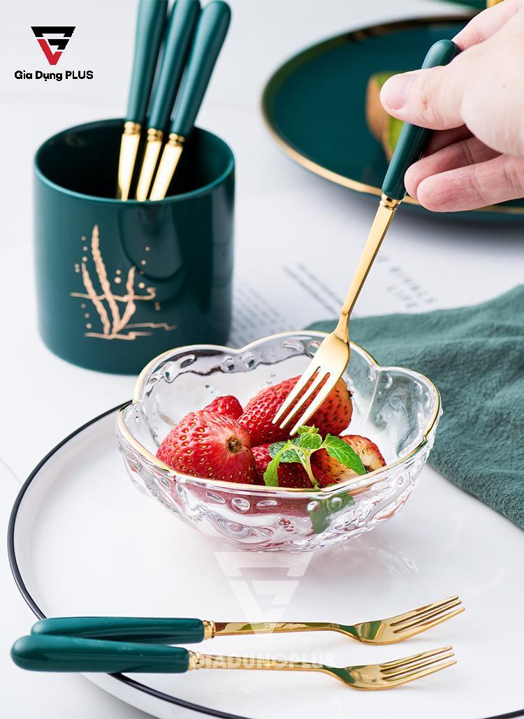 Bộ Ống Đựng Nĩa, Muỗng Bằng Sứ + 6 Nĩa Inox 304 Màu Xanh Lưu Ly QianHuiju | Dùng để ăn tráng miệng như trái cây, hoa quả