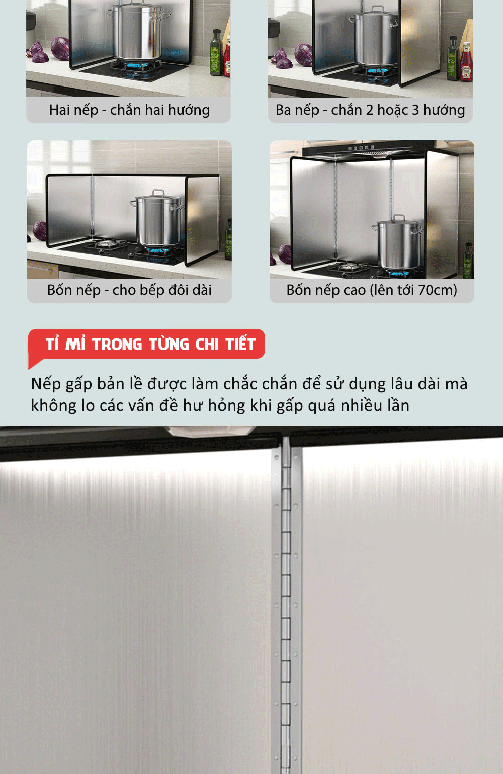 Các phân loại của tấm chắn dầu Lazydo: 2 nếp, 3 nếp, 4 nếp với nhiều kích thước khác nhau cho nhà bếp