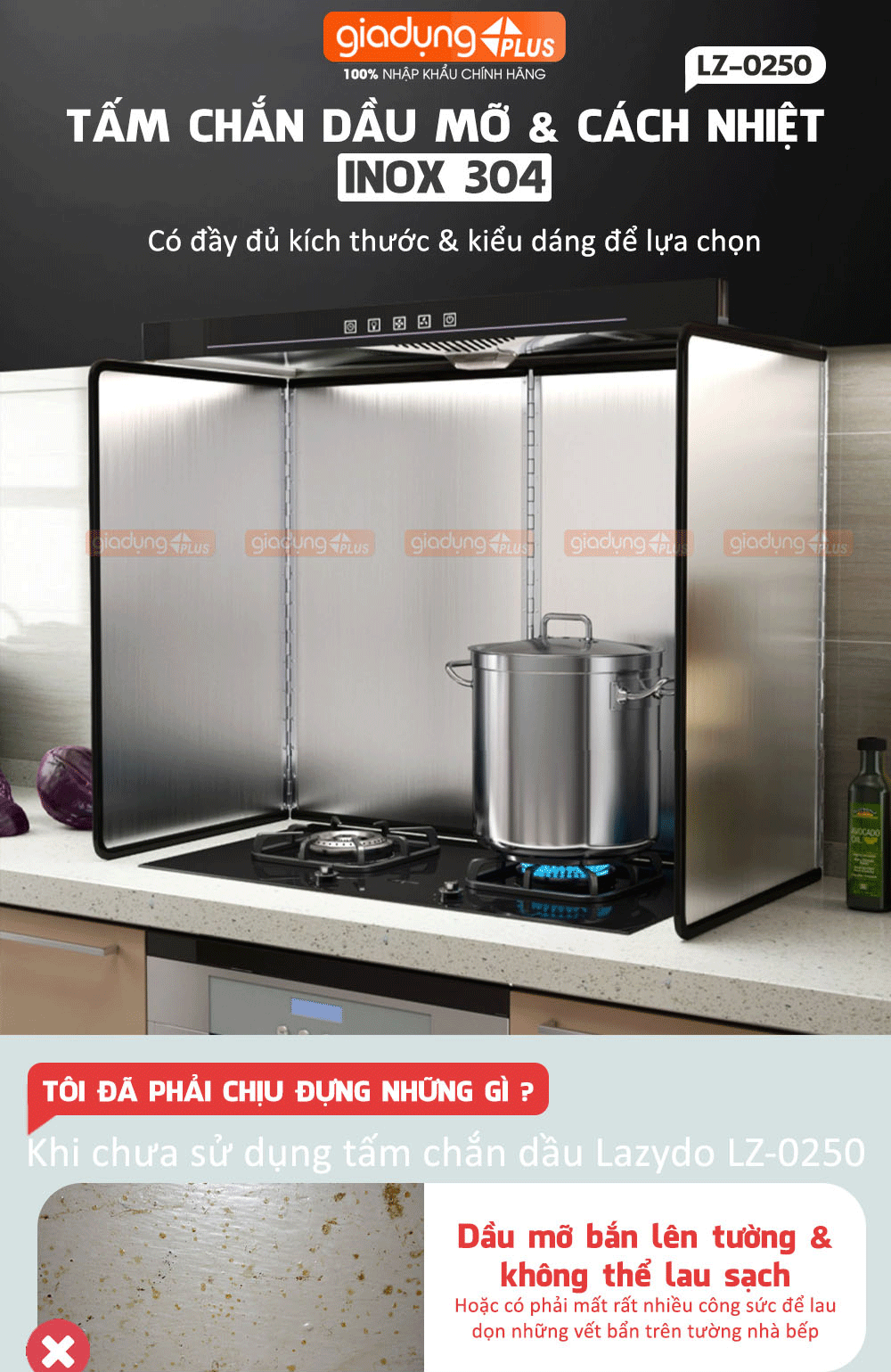 Tấm chắn dầu, chăn gió & cách nhiệt inox 304 cho nhà bếp, chống bám bẩn tường nhà bếp LAZYDO (LZ0250)